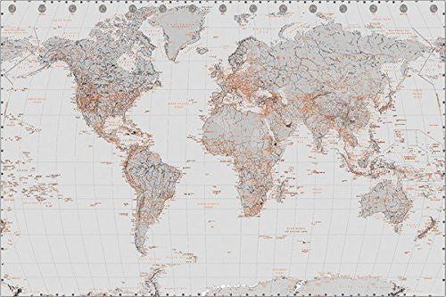 NAT90022 - World Map- Silver With Orange (24x 36)